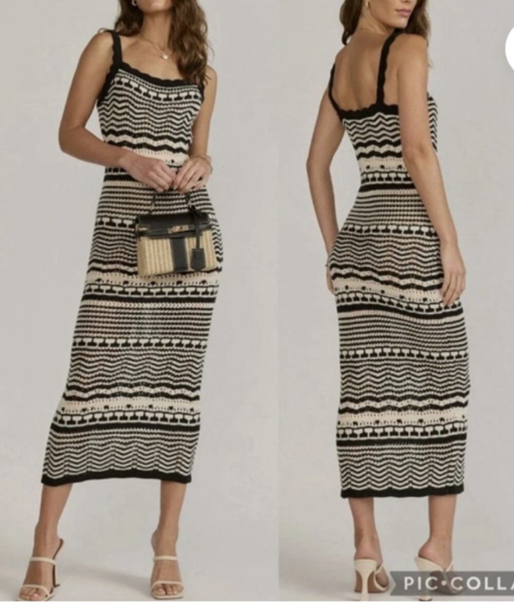 Joie Open-Knit Sleeveless Sweater Maxi Dress WMNS L Black White Striped Crochet